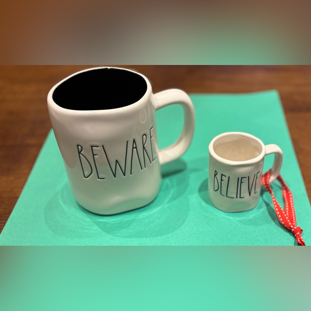 Rae Dunn Bundle “Beware” Coffee Cup & “Believe” Ornament